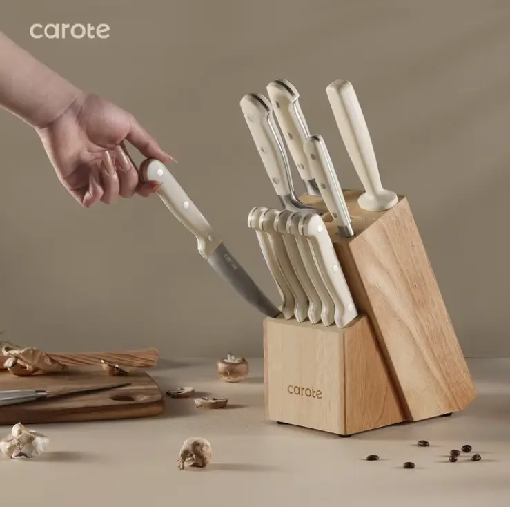 CAROTE 14-Piece Knife Set with Wooden Block, Stainless Steel Knives with Ergonomic Handle, Forged