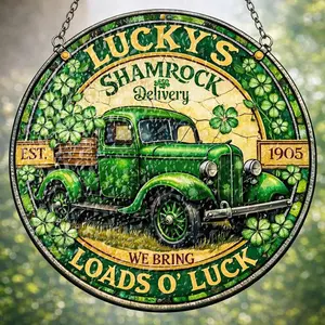 Lucky’s Shamrock Delivery Stained Glass Suncatcher, St Patrick’s Day Window Hanging, Irish Clover Truck Decor, Lucky Charm Gift, Truck Green