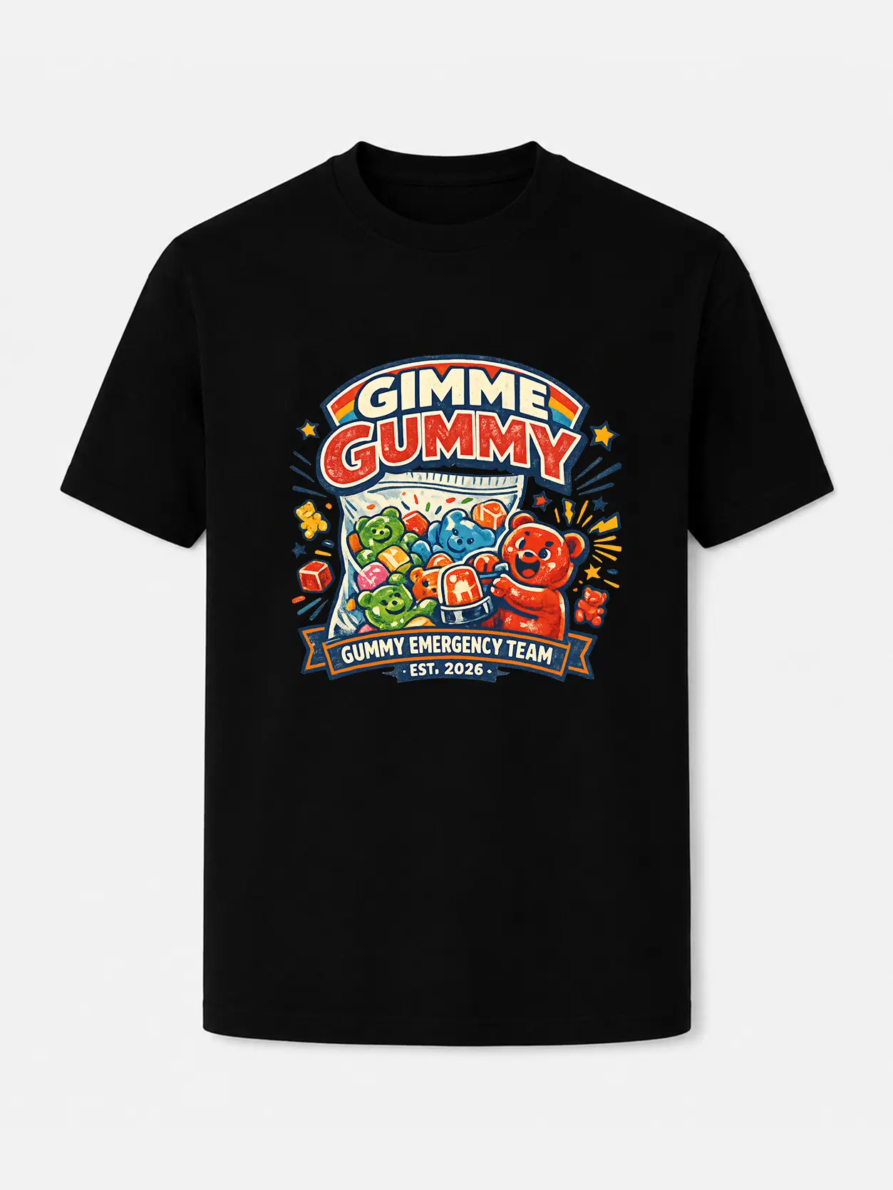 Gimme Gummy Graphic Tee, Funny Gummy Bear Candy T Shirt, Gummy Emergency Team Cartoon Snack Shirt, Retro Colorful Unisex Casual Short Sleeve Crew Neck Tee, Black or White