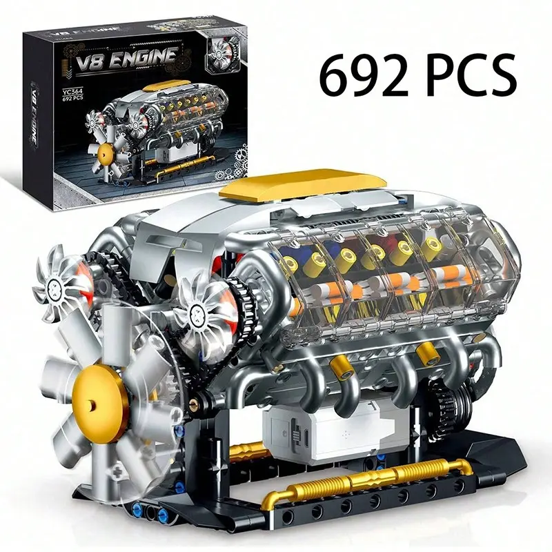 DIY V8 Engine Blocks with USB Motor, Realistic Piston Movement, Mechanical Turbocharged Engine Toy, Educational Learning Model for Display Ready