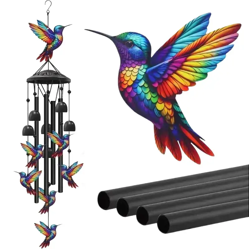 Vintage Hummingbird Wind Chime Built With Premium Metal Tubes And Delicate Bells, Melodic Hanging Ornament For Outdoor Garden Layout, Exquisite Garden Accessory Perfect As A Heartfelt Gift For Bird Lovers And Soundscape Enthusiasts,fathers day gift ideas