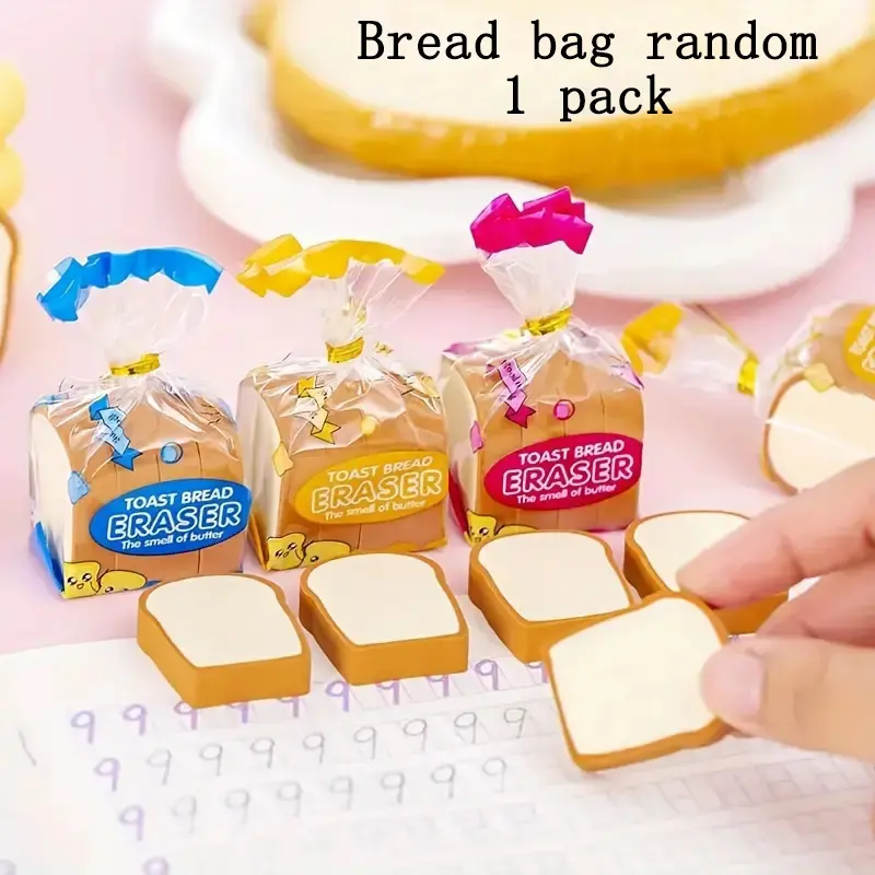 Cute Toast Bread Shaped Erasers Set, 4 Pieces Per Bag, School Stationery, Fun Rewards, Creative Learning Supplies for Students