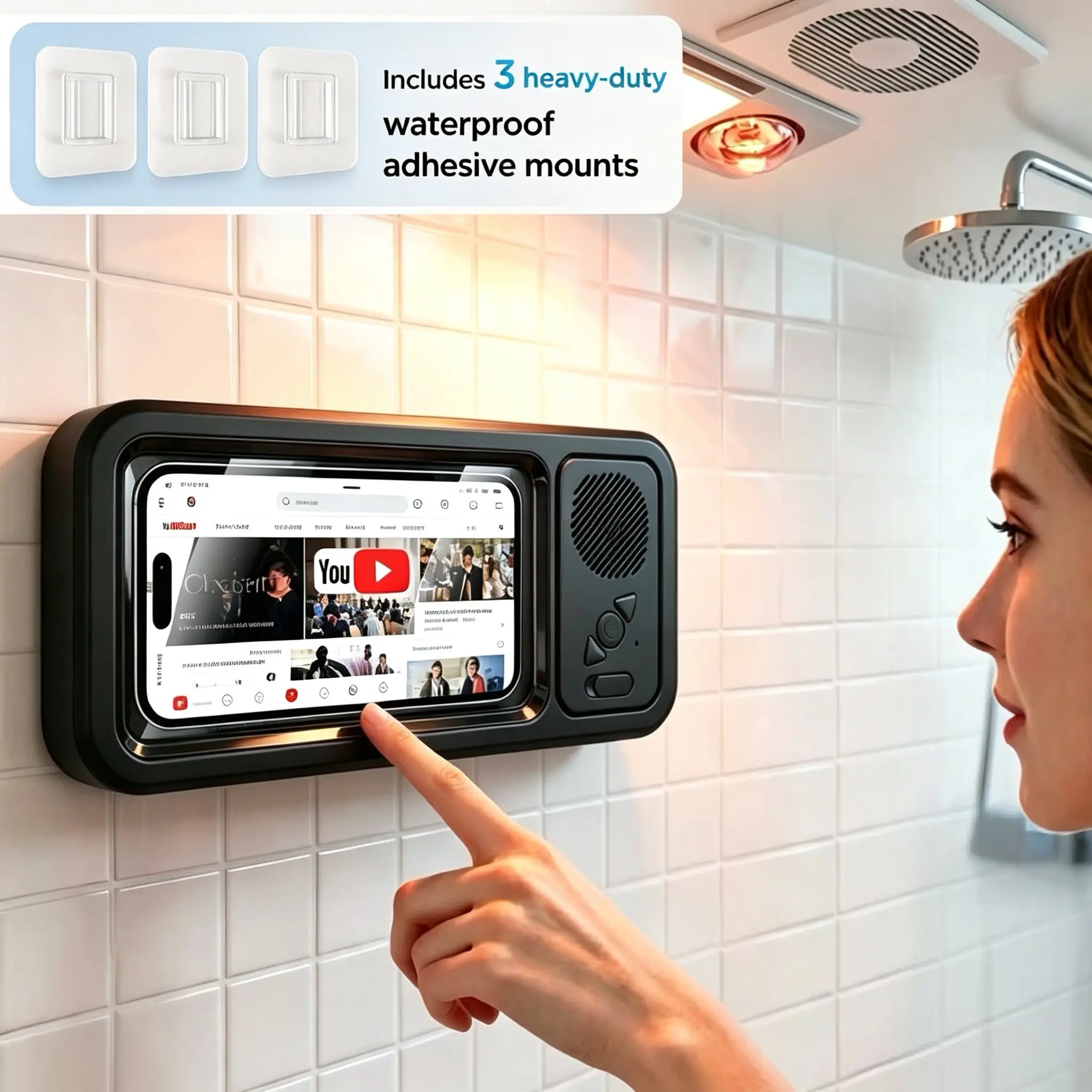 Shower Speaker, 2026 New Shower Phone Holder, Wireless Bluetooth Speaker - IPX6 Rating, 360-degree Rotating Visible Shower Phone Mount, Suitable For Bathroom Tubs, Kitchen Walls, Mirrors, And All 4-6.8-inch Phones.