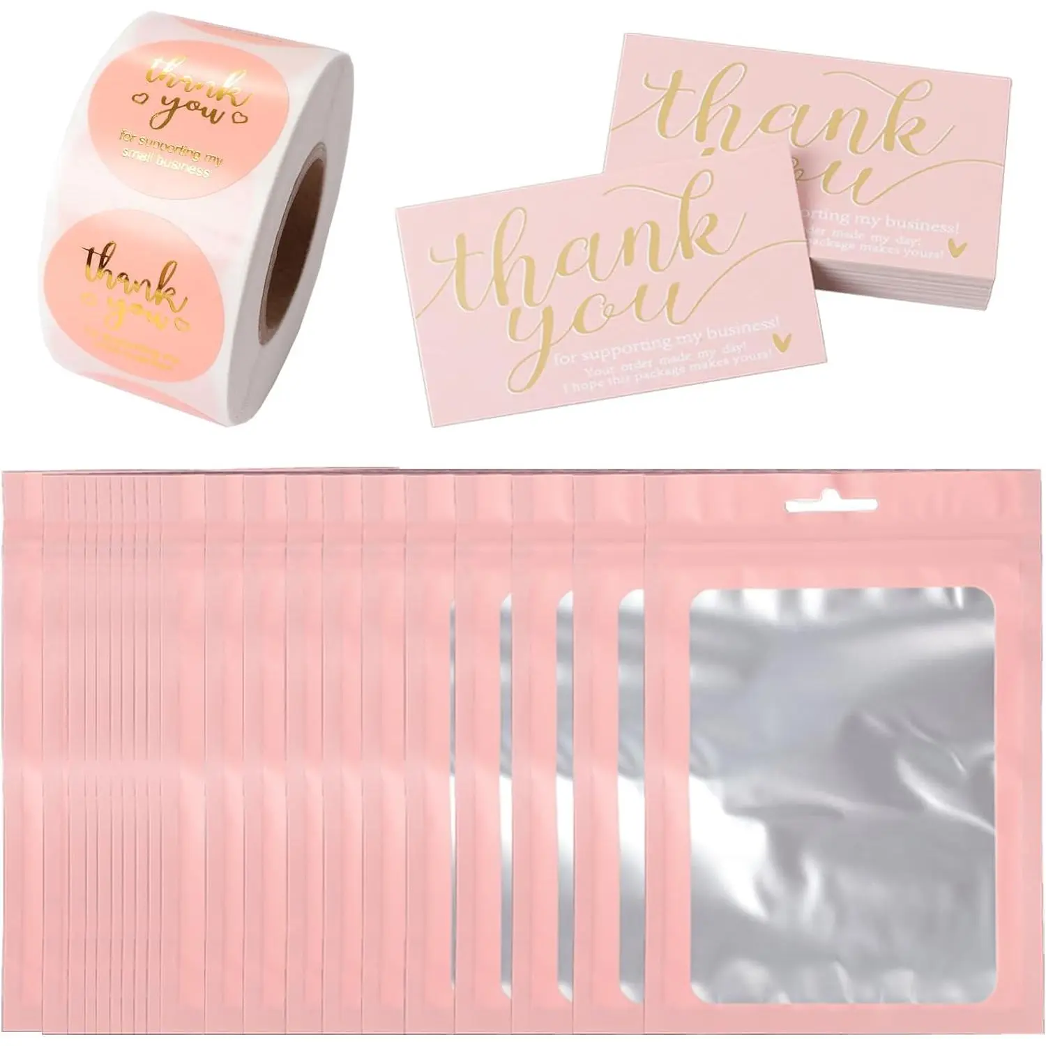 620 count Thank You Business Cards Stickers Set  Foil Include 100 Thank You Business Card 500 Thank You for Supporting My Small Business Stickers 20 Resealable Packaging Bags Suitable Owners (Pink)