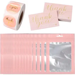 620 count Thank You Business Cards Stickers Set  Foil Include 100 Thank You Business Card 500 Thank You for Supporting My Small Business Stickers 20 Resealable Packaging Bags Suitable Owners (Pink)