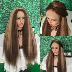 26" Long kinky Straight Hair Pre Plucked Natural Hairline Synthetic Wig for Women Highlighted Brown Yaki Straight Lace Front Wigs Brown with Honey Blonde Highlights 13x4 Free Part Wig Straight Heat Resistant Fiber for Ladies Daily Party Wear Cosplay