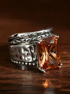 Vintage Distressed Metal Stackable Finger Rings Caramel Large CZ Center Stone Design Bold Texture Minimalist Band Unisex Edgy Trendy Jewelry Unique Rings Boho Style Rings