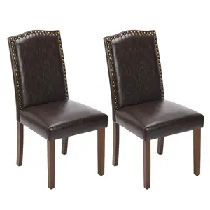 Dining Chairs Set of 2, Upholstered Leather Kitchen Room Chairs Mid Century Modern High-End Dining Room Side Chairs with Nailhead Trim and Wood Legs for Bedroom, Living Room, Brown