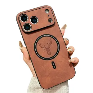 Magnetic Leather Deer Pattern Case For iPhone 17 Pro Max 16 15 14 13 12 11,Compatible with Magsafe,Camera Protection,Soft TPU Non-Slip Frame Shock Absorption Military Grade Drop Shockproof Cover