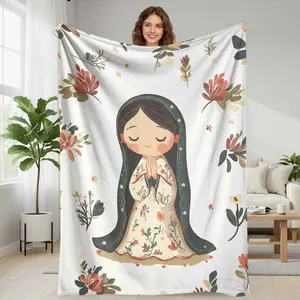 Anime Virgin Mary & Our Lady Guadalupeflannel blanket floral illustration print soft cozy lightweight warm versatile for home decor spiritual space holiday gift church use