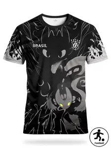 Brazilian Men's Football Jersey & Youth Round Neck Comfortable Sports T-Shirt, Dragon Style Pattern, Ideal for Soccer Teams, Training, Gym, Parties