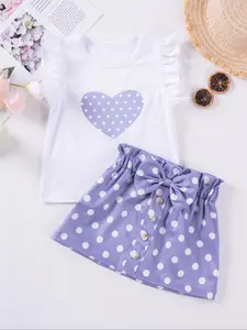 Two-piece Set Toddler Girl's Heart Print Tee & Polka Dot Print Shorts, Cute Casual Round Neck Short Sleeve T-shirt & Bow Decor Shorts, Summer Clothes for Kids, Baby Clothing, Gift Set