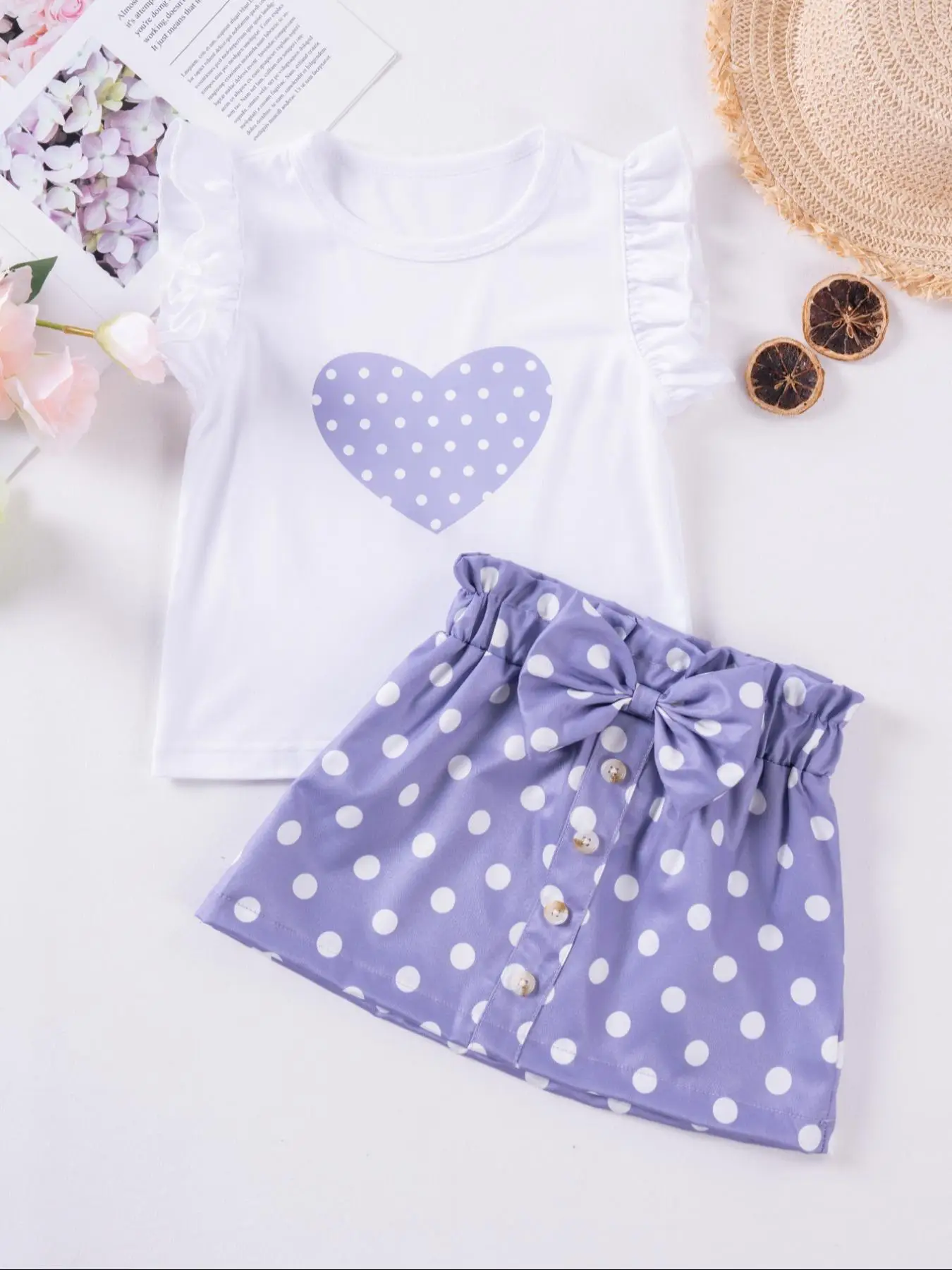 Two-piece Set Toddler Girl's Heart Print Tee & Polka Dot Print Shorts, Cute Casual Round Neck Short Sleeve T-shirt & Bow Decor Shorts, Summer Clothes