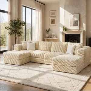 ARCH Modular Sectional Sofa 135.4" Boneless Couch with 2 Movable Ottomans, 6-Seat L-Shape Sofa Set, Bubble Velvet Upholstered Living Room Sofa, Coffee Color, Foam Filled, American Design, Includes 4 Throw Pillows, Coffee Color Options