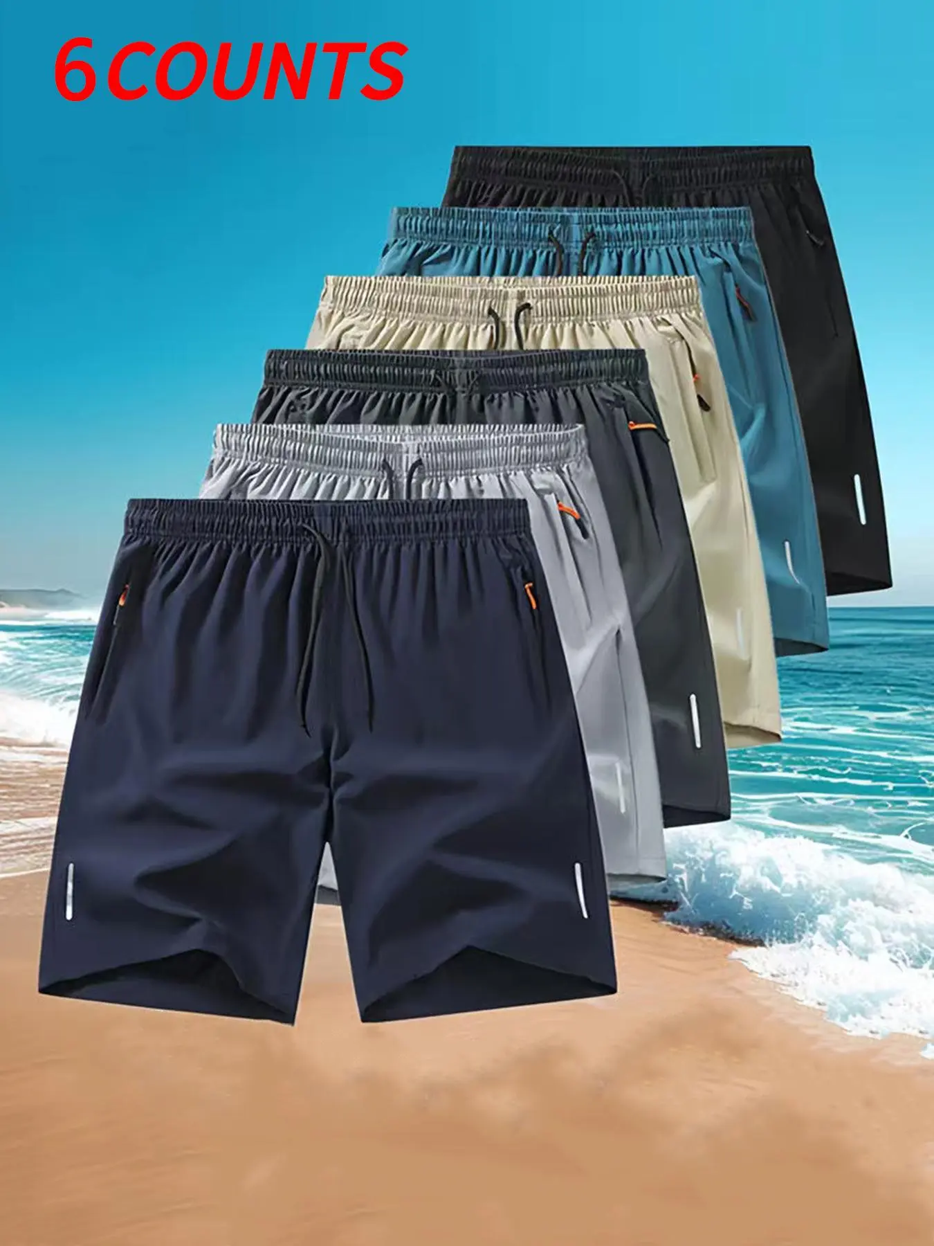 Summer Men's Shorts Set, 6 Pcs, Quick-Dry Breathable Fabric, Comfortable Polyester Blend, Mild Elasticity, Plain Design, Convenient Pockets, Casual Comfy Shorts, Run small,