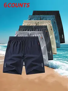 Summer Men's Shorts Set, Breathable Fitness Shorts, 6 Pcs, Quick-Dry Breathable Fabric, Comfortable Polyester Blend, Mild Elasticity, Plain Design, Convenient Pockets