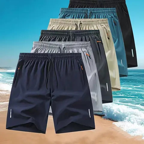 Summer Men's Shorts, Casual Street Shorts, Quick-Dry Breathable Fabric, Comfortable Polyester Blend, Slight Elasticity, Solid Color, Convenient Pockets, Casual Style
