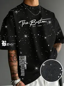 Men's Casual Streetwear Short Sleeve Crewneck T-Shirt with Sparkling Star Design, Luxury Feel Silver Color Fabric, Stylish for Work or Coffee Shop