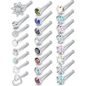 44pcs 18G 20G Nose Rings Studs Nose Rings for Women Nose Piercings Jewelry Surgical Stainless Steel Straight Nose Studs Moon Star Heart Butterfly Hypoallergenic for Men