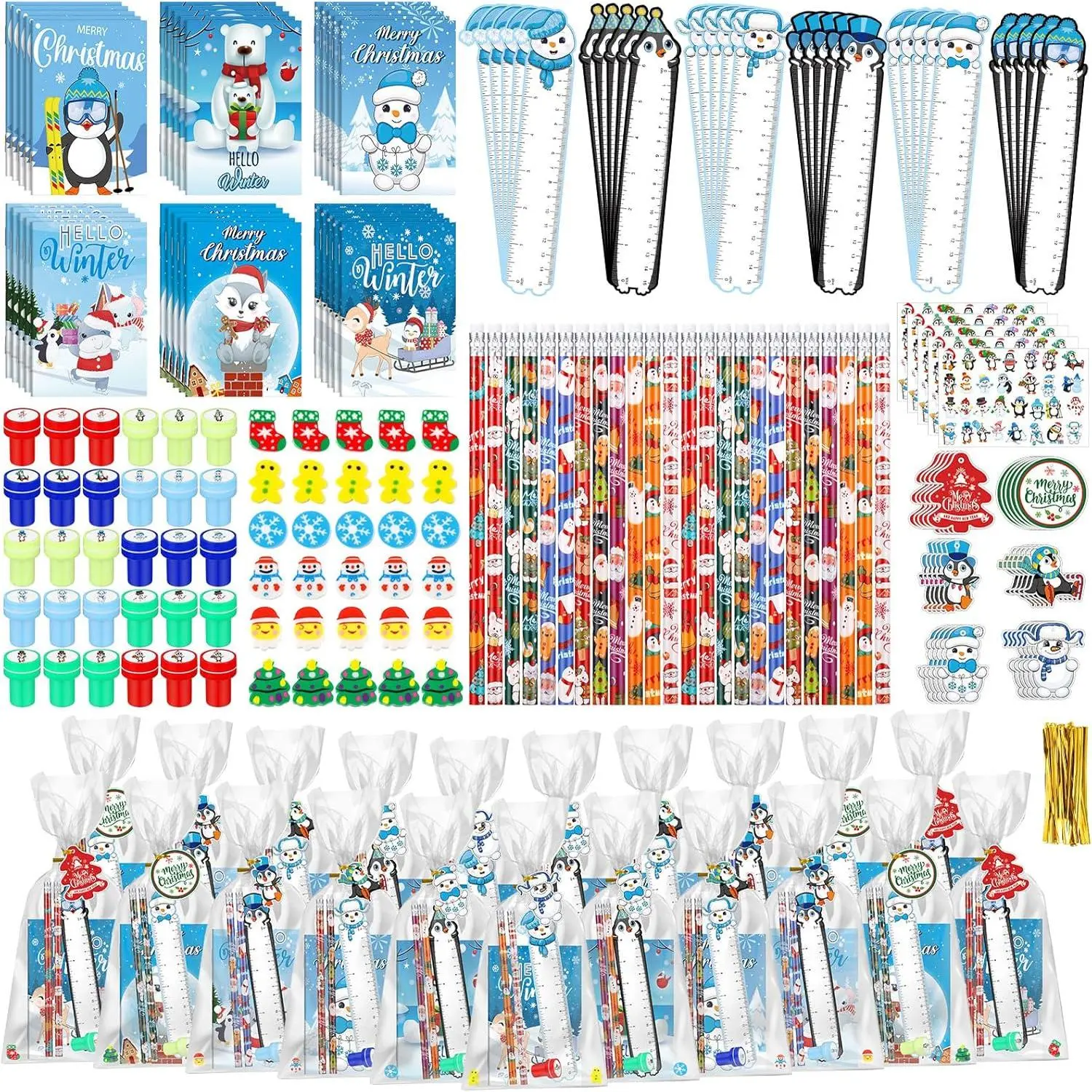 30-Piece Merry Christmas Winter Holiday Stationery Set - Festive Party Favors, Stocking Stuffers for Kids; Includes Notebook, Pencil, Ruler, Eraser, Stickers for School Game Prizes