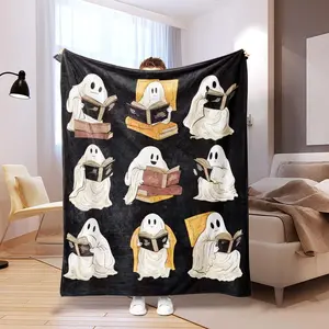 Ghost Reading Book Pattern Blanket, Casual Soft Throw Blanket, Air-conditioned Room Blanket, Warm Nap Blanket for Home & Office, Halloween, Soft Lightweight Blanket