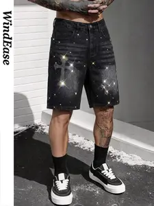 Men's Cross Rhinestone Casual Denim Shorts, High Waist Loose Fit, Button Fly, Above Knee, Summer Streetwear, Perfect for Parties and Travel