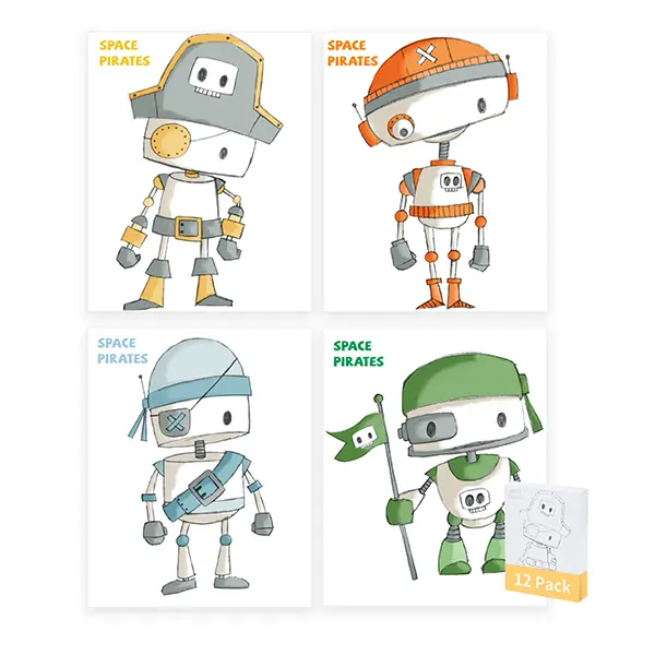 Artkey Pre-Drawn Canvas Boards 12-Pack, 8x10 Inch (Space, Pirate & Robot Designs), for Acrylic, Watercolor, Markers & DIY Crafts
