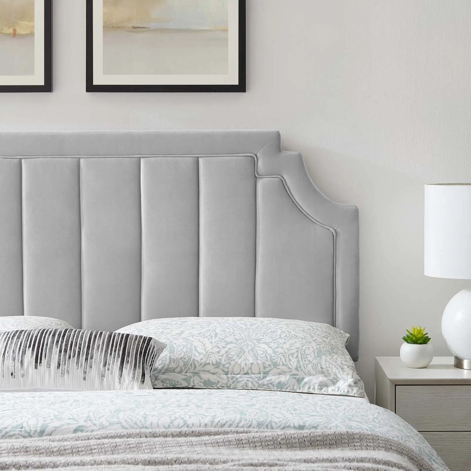Modway Alyona Adjustable Upholstered Art Deco Channel-Tufted Performance Velvet Fabric-Covered Twin Headboard, Light Gray, Adjustable Headboard, Upholstered Headboard