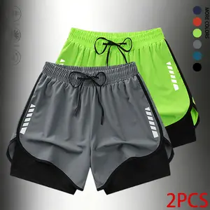 2-Pack Men’s 2-in-1 Athletic Shorts with Pockets — for beach and casual wear, adjustable drawstring waist, lightweight breathable fabric, summer sports gear, practical pocket design with reflective stripe print