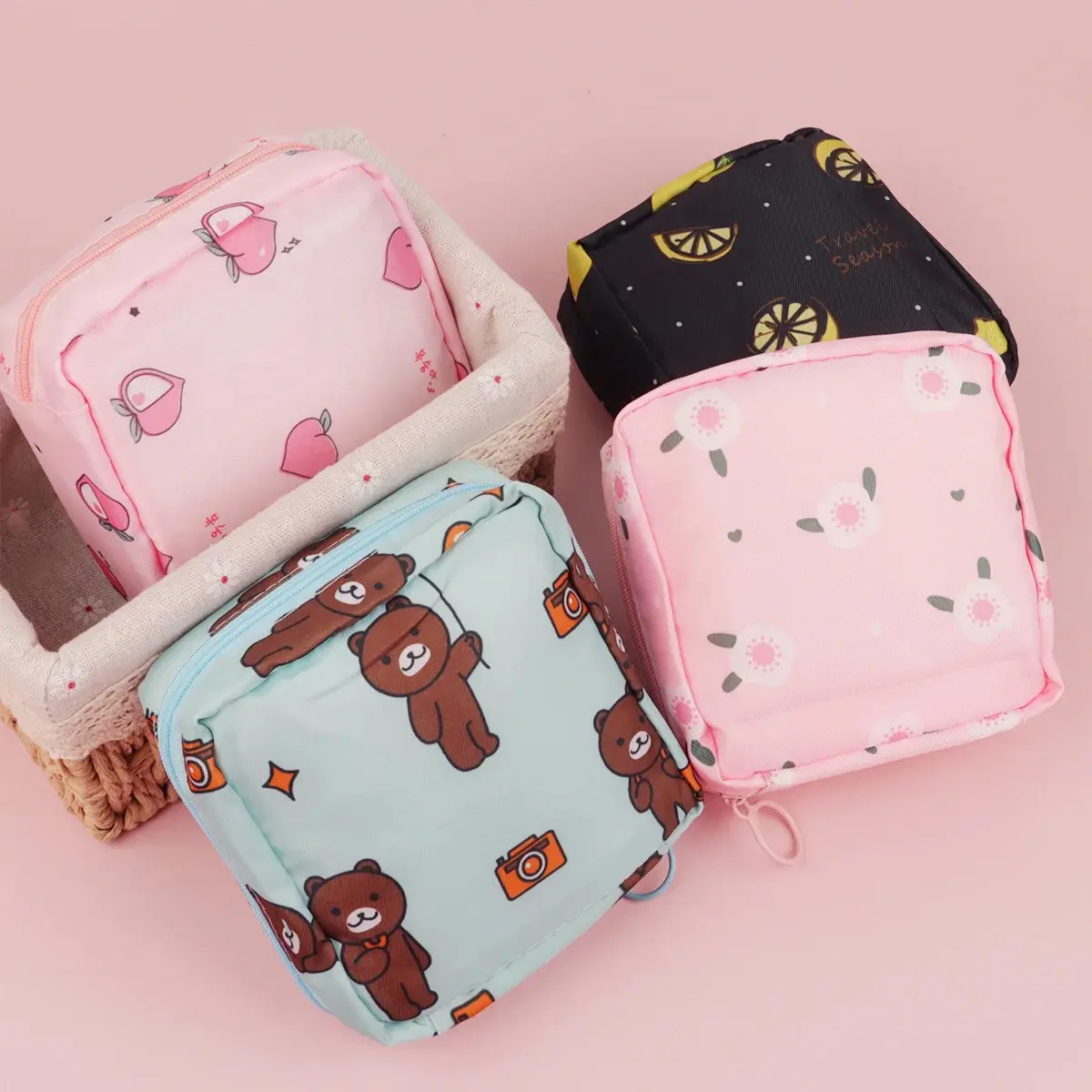 Portable Sanitary Pad Storage Pouch Cute Mini Zipper Organizer Bag for Pads Tampons Wipes Travel Purse Cosmetic Storage Case