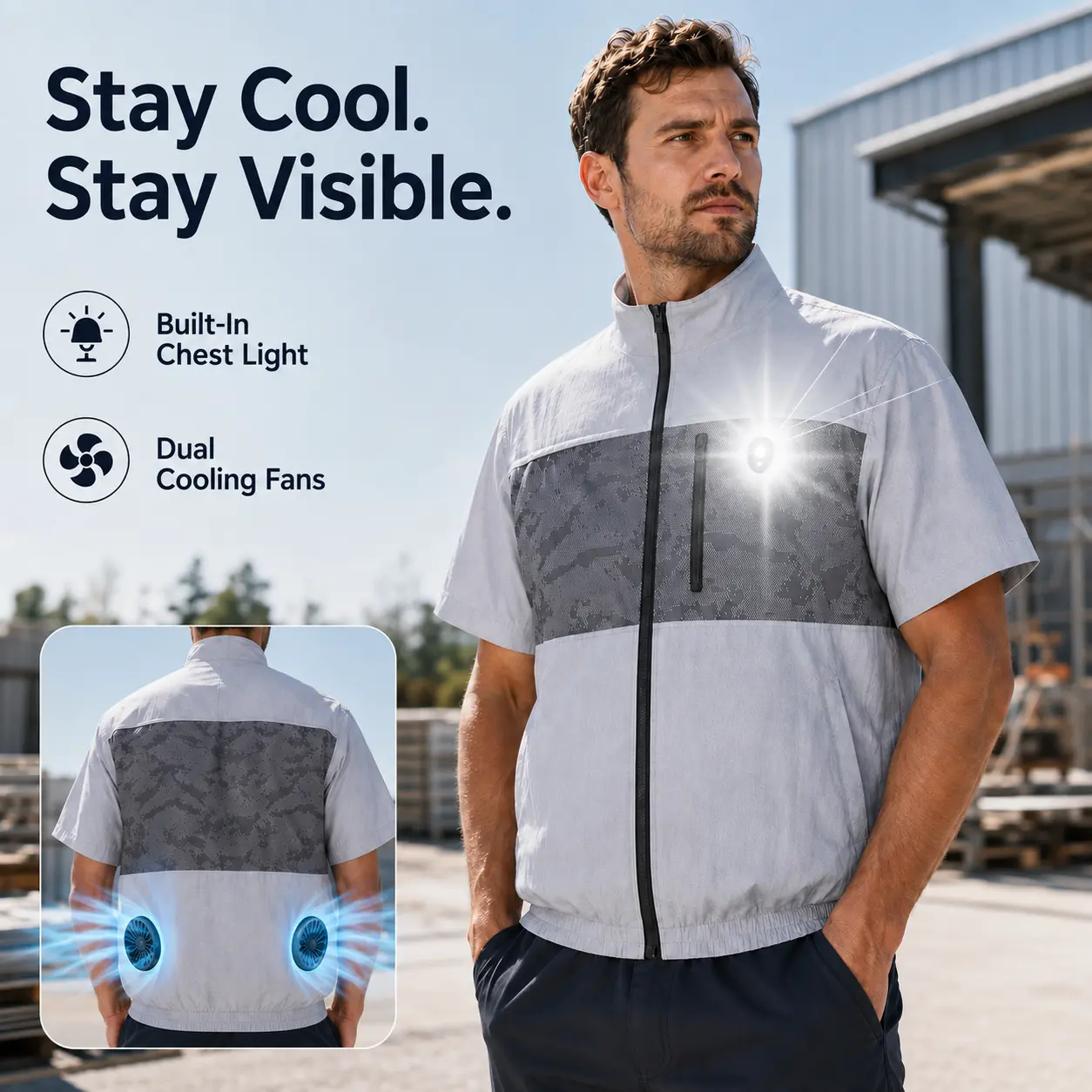 Men’s cooling work shirt with dual fans and LED light, breathable water-resistant fan jacket for hot weather, outdoor work and casual wear, power bank included