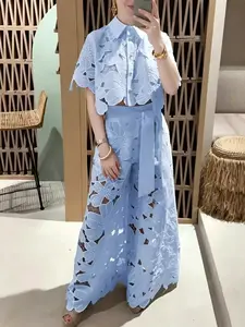 Women's 2026 Retro Lace Two Piece Outfit, Short Sleeve Hollow Embroidery Blouse with Tie Waist Pants, Elegant Temperament Set for Casual & Special Occasions