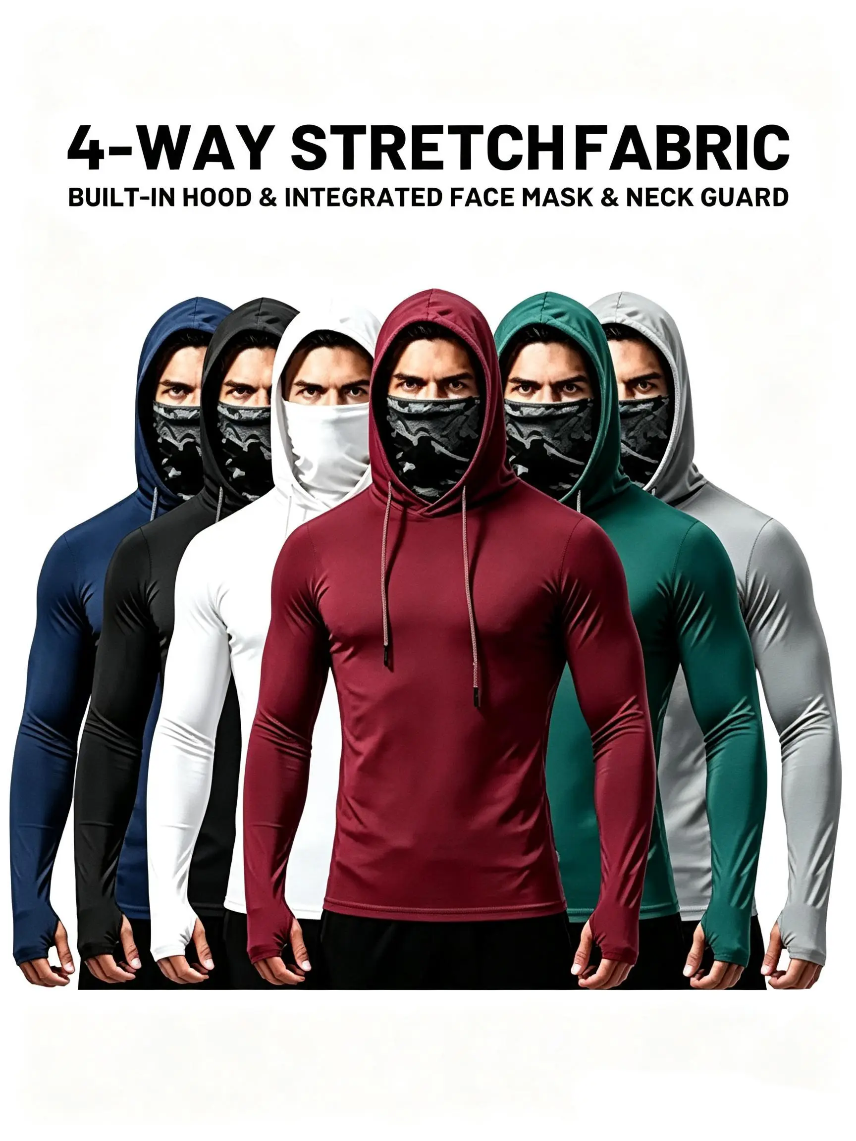 Men's 3/5/6-Pack UPF Sun Compression Hooded Shirts - QuickDry, Breathable Medium Length Long Sleeve Male Wear withAttached Face Mask, Lightweight Cooling Activewear forConstruction, Machine Washable