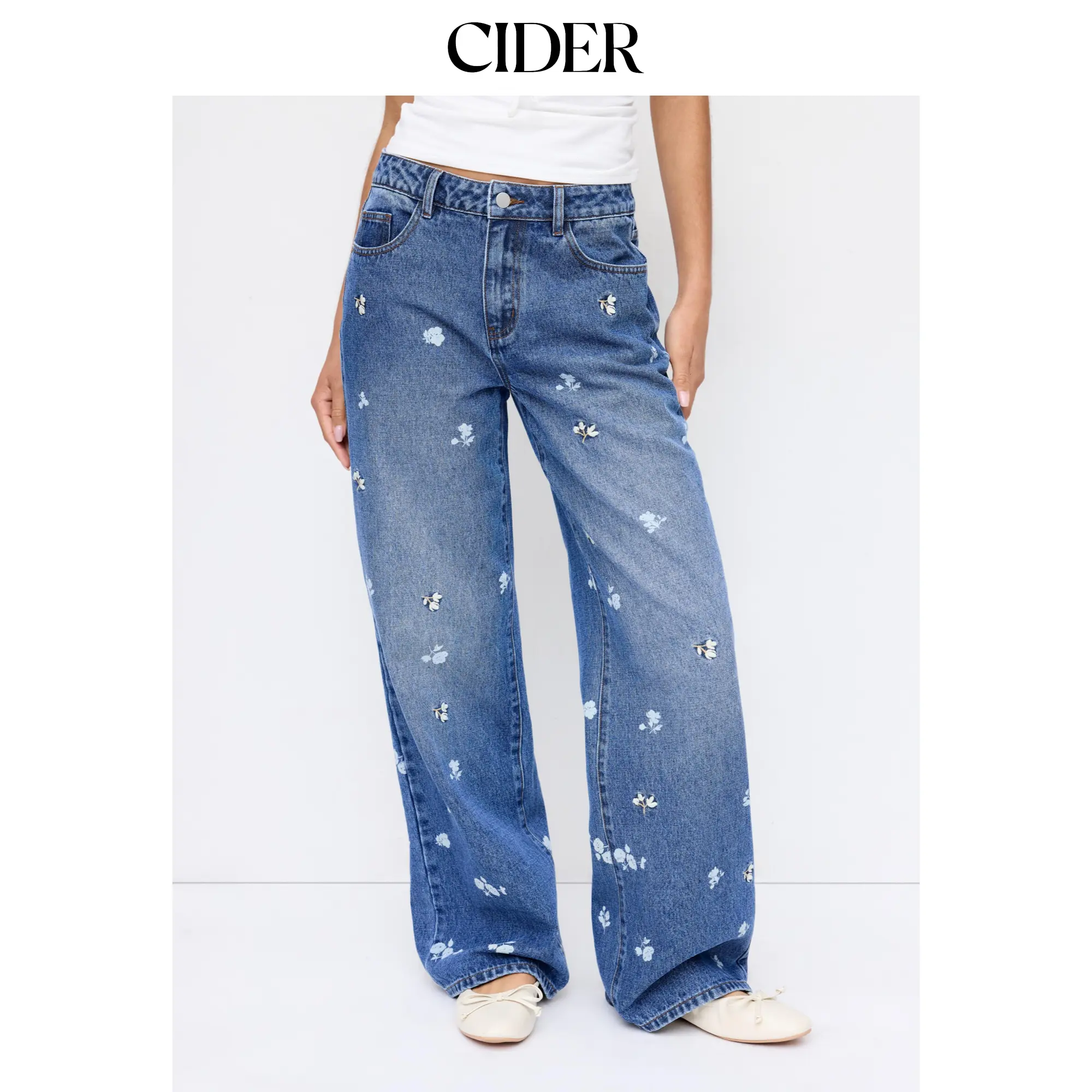 Cider Women's Ditsy Floral Embroidered Jeans, High-Rise Wide-Leg Denim Pants, Casual Fashion Trousers Bottoms, Trouser, Boho Vintage, Full Length, Cotton, Lady, Clothes
