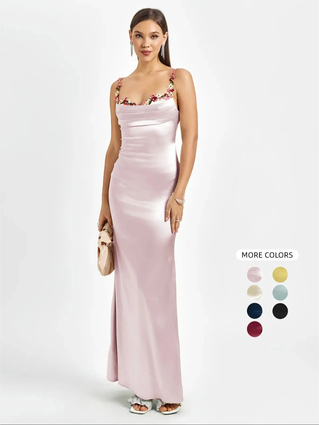 Square Neck Backless Tie Floral Decoration Cami Bodycon Dress,Fashionable Formal Wedding Cocktail Party Must-have Elegant Long Dress