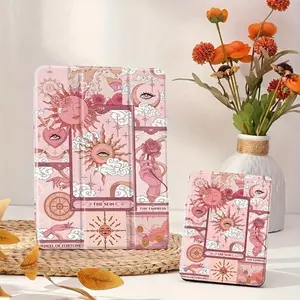 1PC Pink Tarot Sun Witch Evil Eye Pattern Tri-Fold Flip Tablet Case, Built-in Stylus Slot & Auto Sleep/Wake, Anti-Slip Shock-Absorbent Stand Cover for iPad 10th/11th Gen, 10.2-inch, Pro 11-inch & Galaxy Tab S9 FE+ 12.4-inch, Ideal Valentine’s Day & Holida
