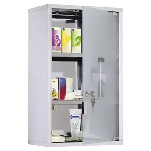 HOMCOM Wall Mounted Medicine Cabinet, Locking Wall Cabinet with 3 Tier Shelves, Stainless Steel Frame and Glass Door, Lockable with 2 Keys, Silver, 12" x 20"