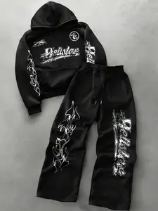 Men's Streetwear Flame Graffiti Long Sleeve Hoodie Set, Fitted Graphic Style, Casual Fall & Winter Fashion, American Street Atmosphere