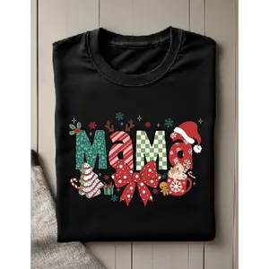 graphic tees Christmas Mom Shirt X-Mas Mama T-Shirt Mama Claus X-Mas Outfit Funny Pregnancy Reveal Tee Maternity With Holiday Vibes ODT-1509 Womenswear Tops Black Crewneck Tshirt Casual Streetwear90s graphic tees