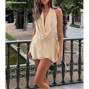 New women's solid color halter neck deep V-neck backless sexy dress