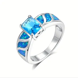 GEMSME 1.5CT Radiant Cut Women's Square Blue zirconia Electroplated Cocktail Ring, Daily Wedding Engagement Eternity Rings R-0295-W