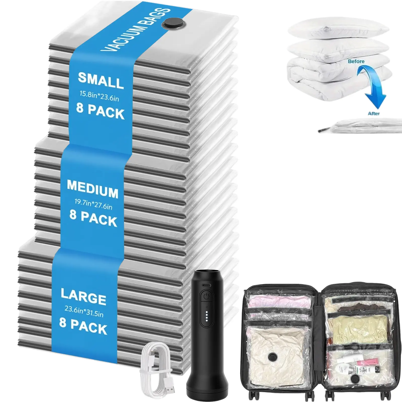Usb Rechargeable Cordless Pump Travel Vacuum Storage Bags Compression Bags Waterproof Reusable Space Saver Clothes Storage 24 Pack 3 Sizes 80μm Thick Double Zipper Save 80% Space For Suitcase Luggage