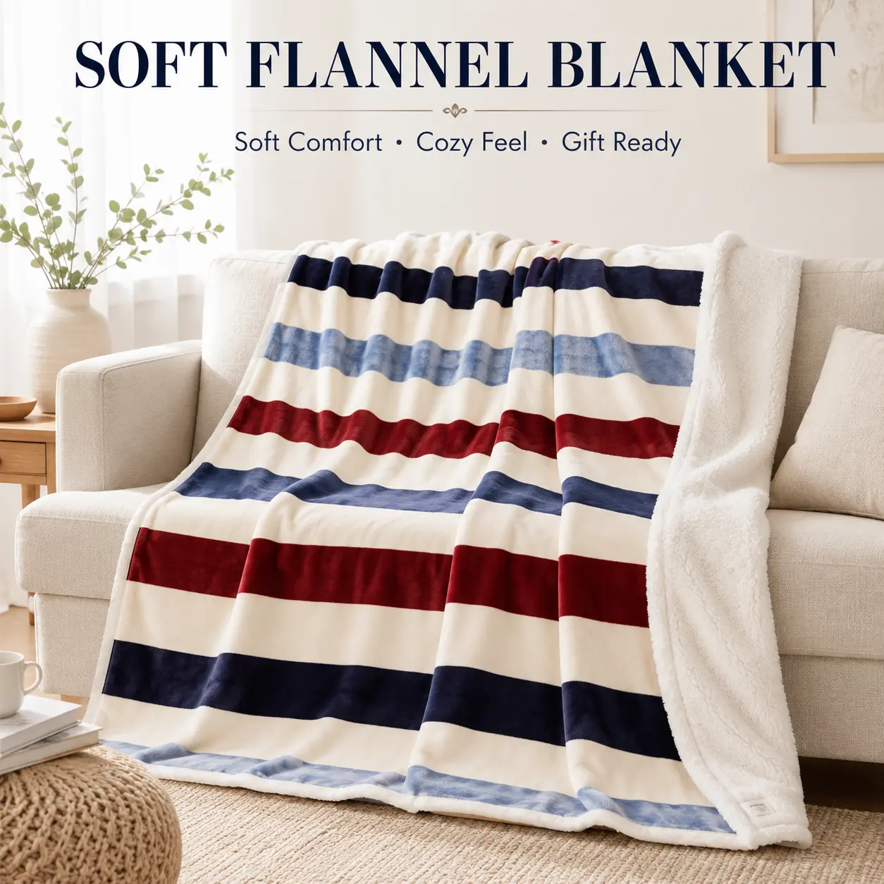 Striped Flannel Throw Blanket - Red, Navy Blue and Cream, Classic Horizontal Stripe, 1-Sided Print with White Reverse, Soft Lightweight Cozy Home Decor Gift