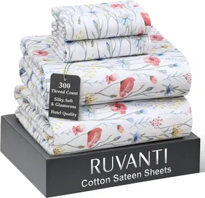RUVANTI Cotton Sateen Sheets Set - 300 Thread Count Silky Soft Sateen Weave, Cooling, Lightweight & Breathable, 16" Deep Pocket, Durable & Luxury Satin-Like.