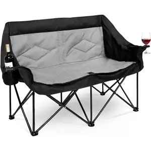 2 Person Camping Chair Oversized Loveseat Camping Chair Double Camping Chairs for Adults Heavy Duty Camping Couch Black Outdoor Folding Chair Portable Patio Lawn Chair