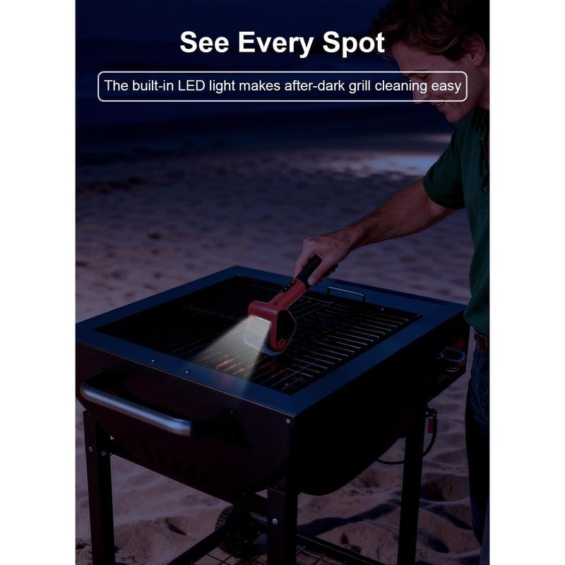 Electric Rechargeable Grill Brush, 650RPM Spinning Stainless Steel Bristle BBQ Brush, Bristle-Free Grill Cleaner for Outdoor & 2 PCS Scouring Pads - Heavy Duty Cordless Electric Tool with LED Light