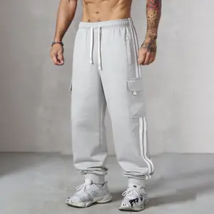 Men's Casual Cargo Sweatpants with Multi Pockets, Elastic Waist Drawstring Joggers with Side Stripes, Soft Breathable Relaxed Fit Athletic Pants for Gym Workout Running Daily Wear