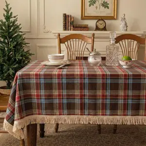 Tassel 60x84 Inch Rectangle Tablecloth Poly  Brown Boho Gingham Table Cloths Washable Tartan Table Cover Wrinkle Free for Dining Room Kitchen Party Picnic Decor