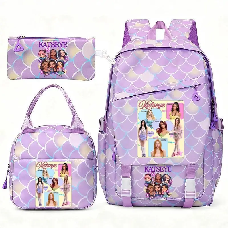 Katseye Graphic Synthetic Music Backpack Set (3pcs) - High-Capacity Student School Bag with Laptop Compartment, Fresh Color Travel Mochila for Teens