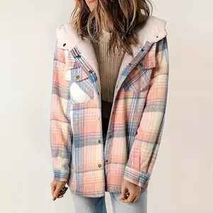 Amzglee Women's Polyester Flannel Collared Long-Sleeve Hooded Plaid 2026 Shacket Jacket, Thick Comfortable Everyday Casual Button-Down Coat with Pockets for Winter Warmth